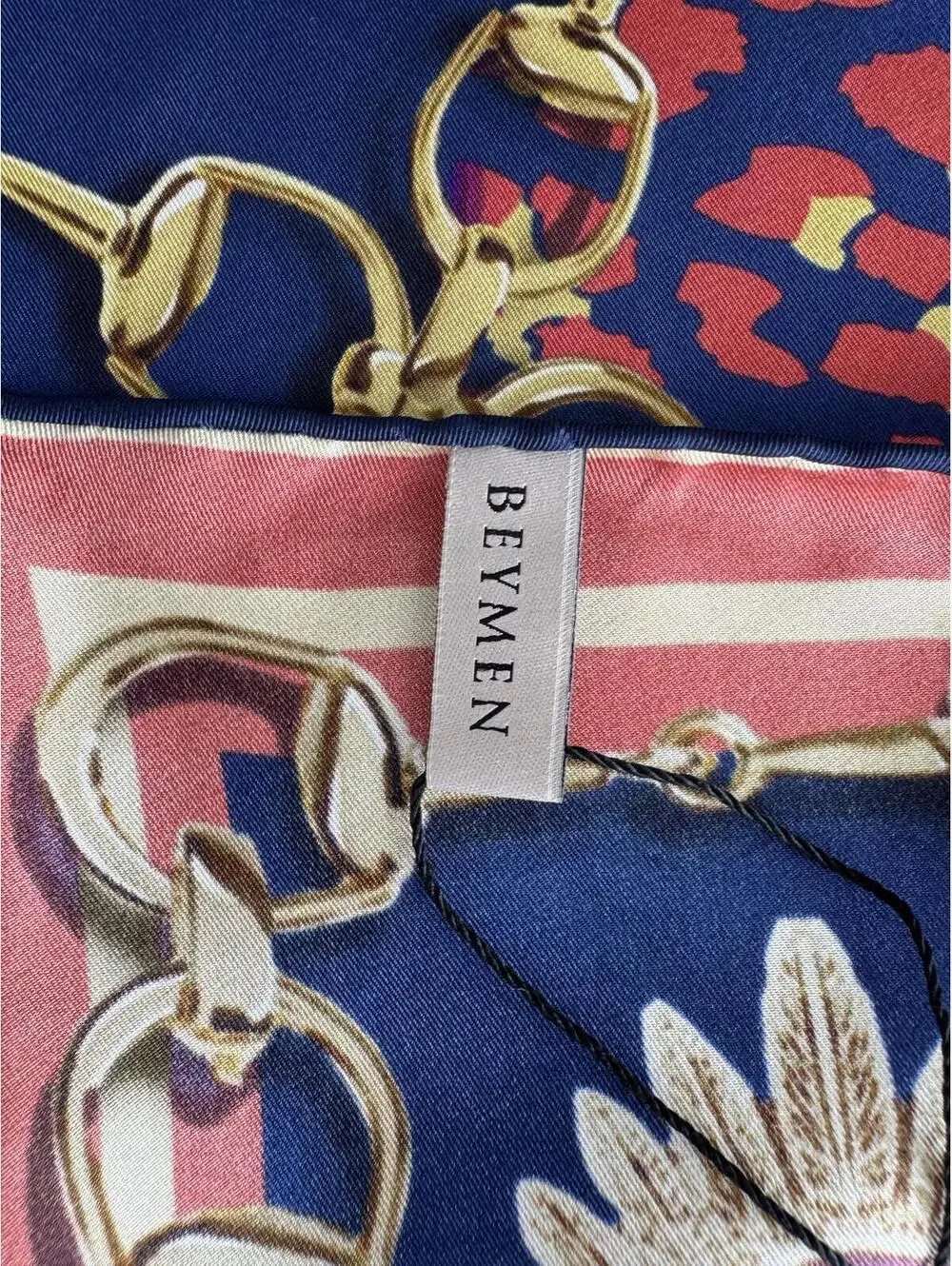 Beymen Silk Horsebit Print Square‎ Scarf Blue Red Gold Made in Turkey